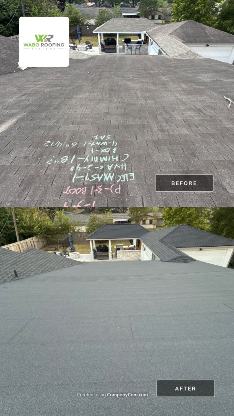 Before and after low-slope patio roof correction in Pearland Texas