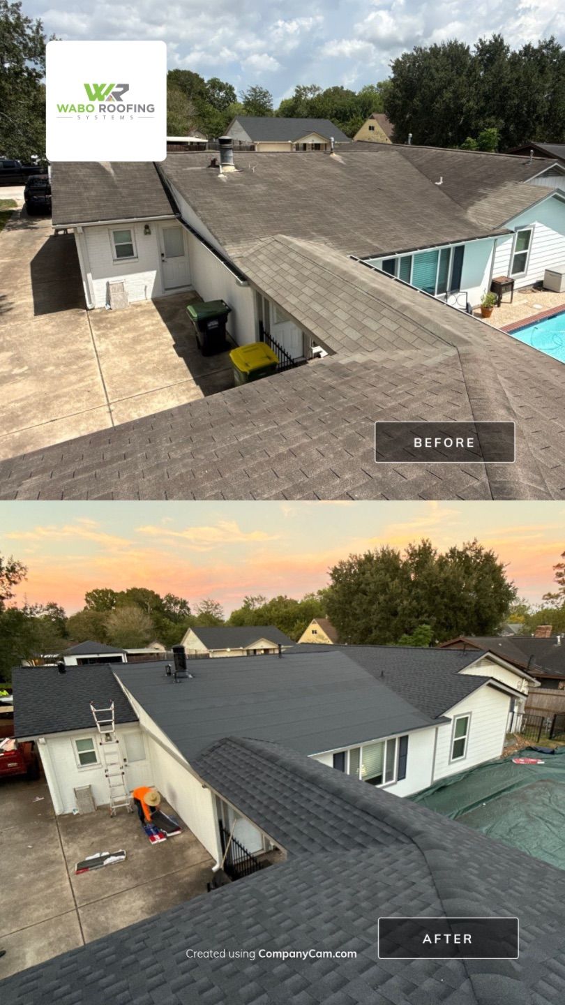 Before and after GAF Timberline HDZ Charcoal roof replacement in Pearland Texas