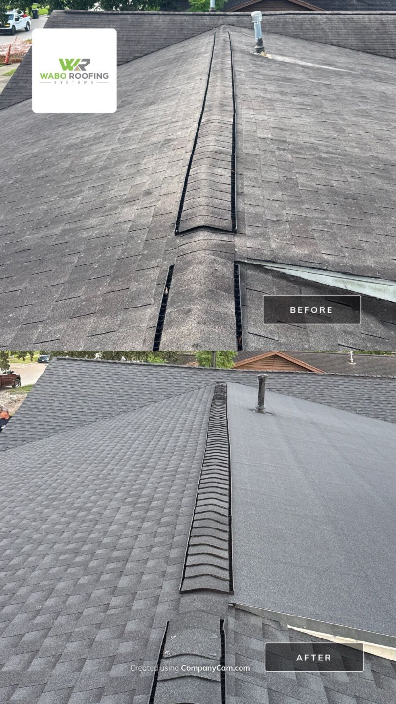 Before and after roof transition and ridge details in Pearland Texas