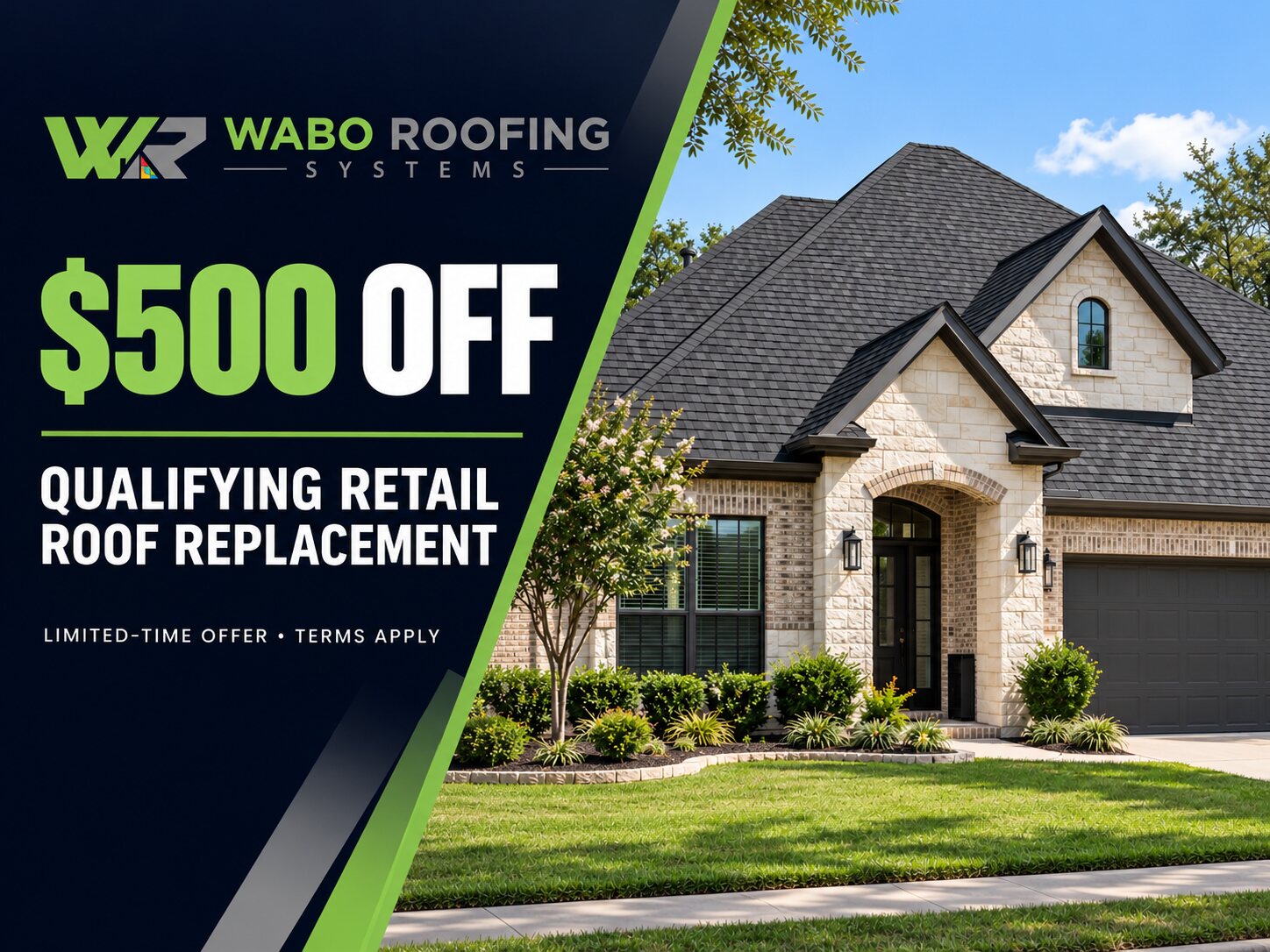 WABO Roofing Systems $500 qualifying retail roof replacement offer